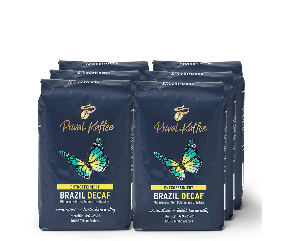 Six paquets de grains de café Privat Kaffee Brazil Decaf.