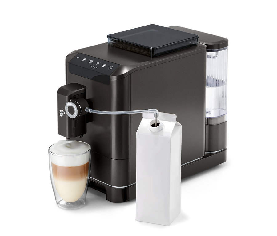 Machine à café « Esperto 2 Milk » Granite Black préparant une boisson dans un verre.