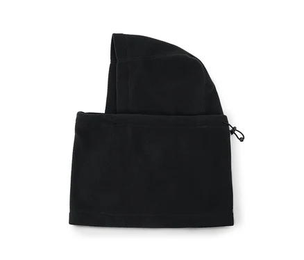 Cagoule polaire noire avec cordon de serrage, posée à plat sur un fond blanc.