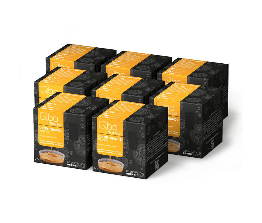 Huit boîtes noires et oranges de capsules de café Qbo Caffè Grande BELO SUL (216 unités), intensité 5/10, disposées en rangées.