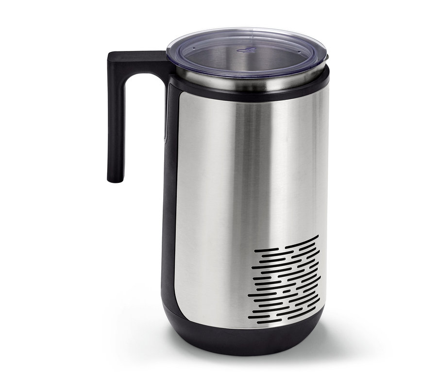 Thermos argenté avec poignée noire et couvercle transparent.