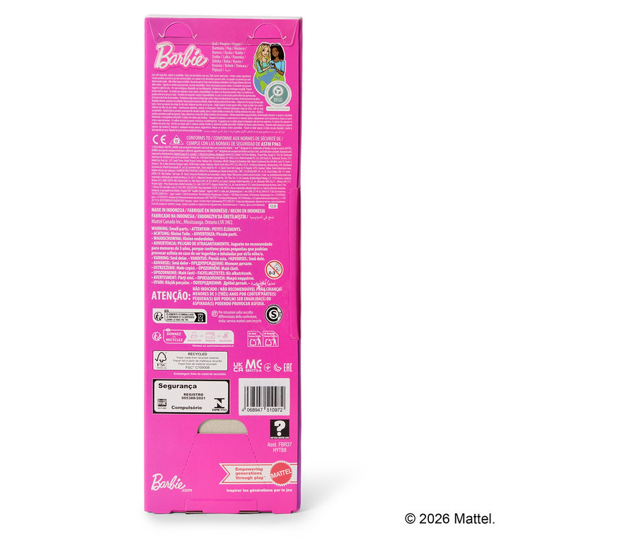 Dos d'une boîte de produit Barbie rose avec avertissements, informations du fabricant et divers logos.