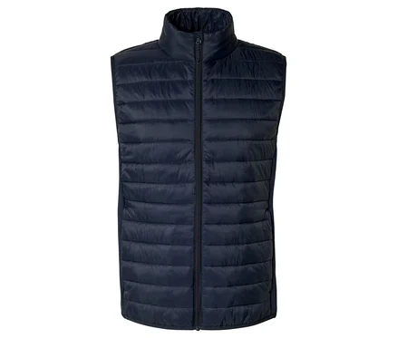Un gilet doudoune matelassé bleu marine avec une fermeture éclair intégrale et un col montant.