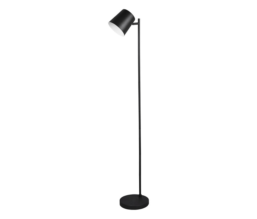 Lampadaire à batterie noir Reality « Blake » avec un pied fin, une base ronde et un abat-jour cylindrique incliné.
