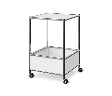 Table basse en métal « CN3 », blanche, avec une étagère inférieure et des roulettes.