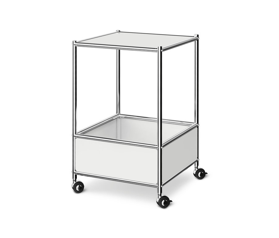 Table basse en métal « CN3 », blanche, avec une étagère inférieure et des roulettes.