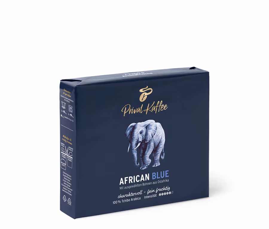 Un paquet de café moulu Privat Kaffee African Blue avec une image d'un éléphant.