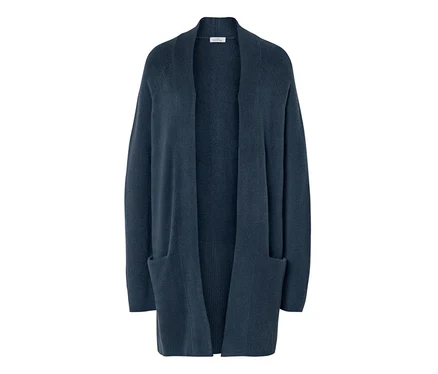 Cardigan long bleu foncé à devant ouvert, manches longues et deux poches plaquées.