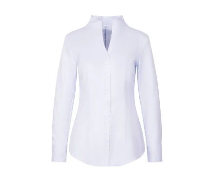 Chemisier bleu Seidensticker à col cassé, décolleté en V et patte de boutonnage.