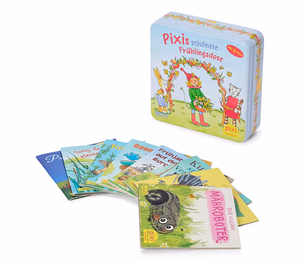 Une boîte avec l'inscription "Pixis schönste Frühlingsdose" est posée sur un éventail de livres Pixi.