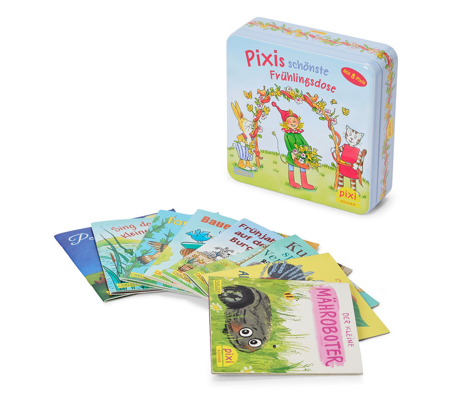 Une boîte avec l'inscription "Pixis schönste Frühlingsdose" est posée sur un éventail de livres Pixi.