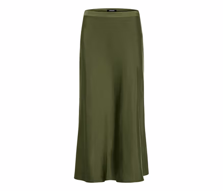 Jupe en satin Olsen vert olive à la coupe fluide.