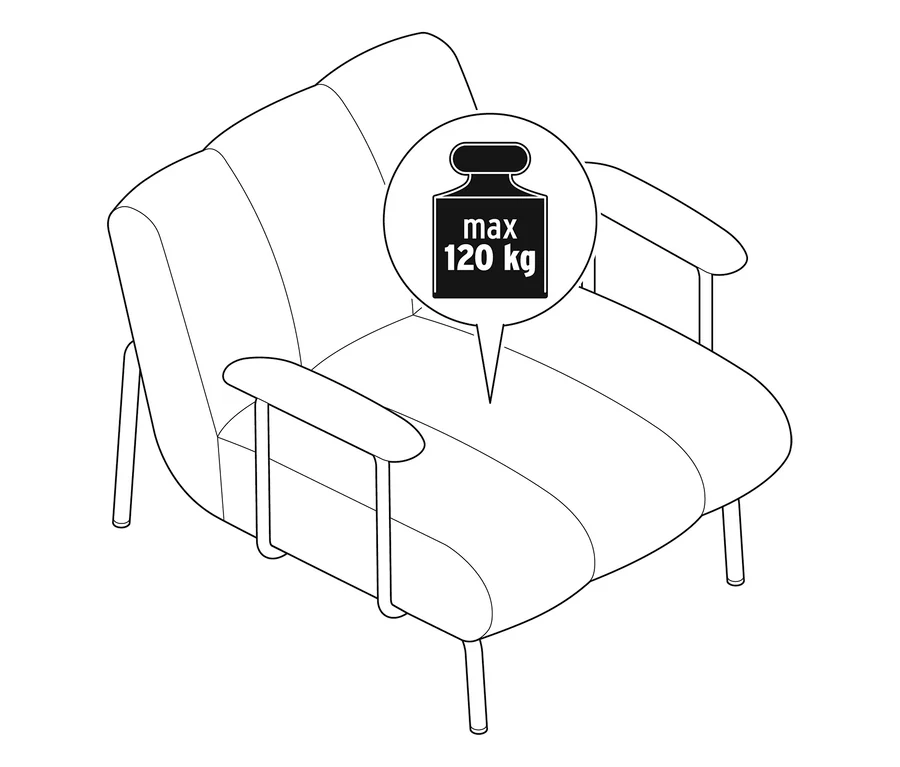 Fauteuil avec accoudoir, indiquant une capacité de poids maximale de 120 kg.