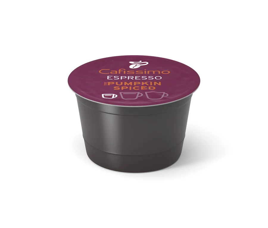 Une capsule de café Cafissimo Flavoured Espresso Pumpkin Spiced, avec un corps marron foncé et un couvercle bordeaux.