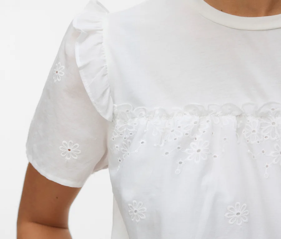 Une personne porte un haut blanc MAMALICIOUS « MLDORA » à manches courtes volantées et broderies de marguerites blanches sur la poitrine et le corps du haut.