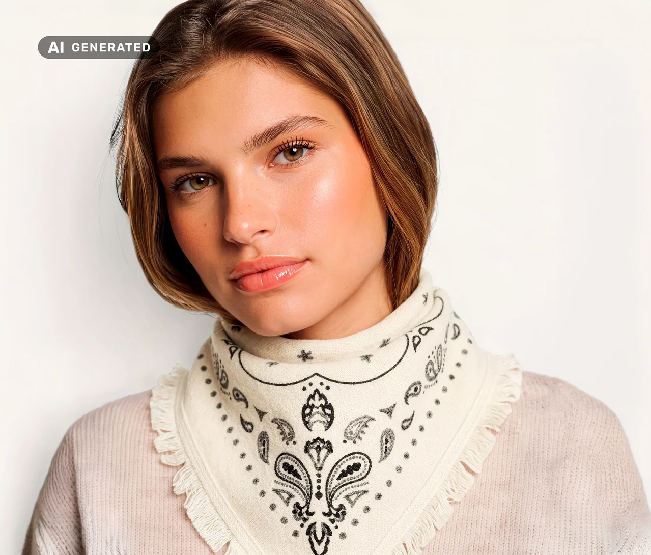 Jeune femme portant un bandana tricoté en laine et cachemire de couleur crème avec un motif cachemire noir autour du cou.