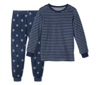 Haut bleu foncé à rayures grises<br>Pantalon bleu foncé avec imprimé intégral d’étoiles grises