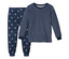 Haut bleu foncé à rayures grises<br>Pantalon bleu foncé avec imprimé intégral d’étoiles grises