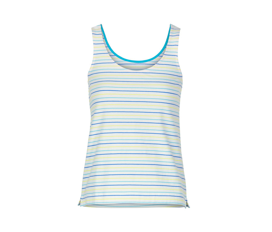 Haut de pyjama court rayé avec encolure bleue.