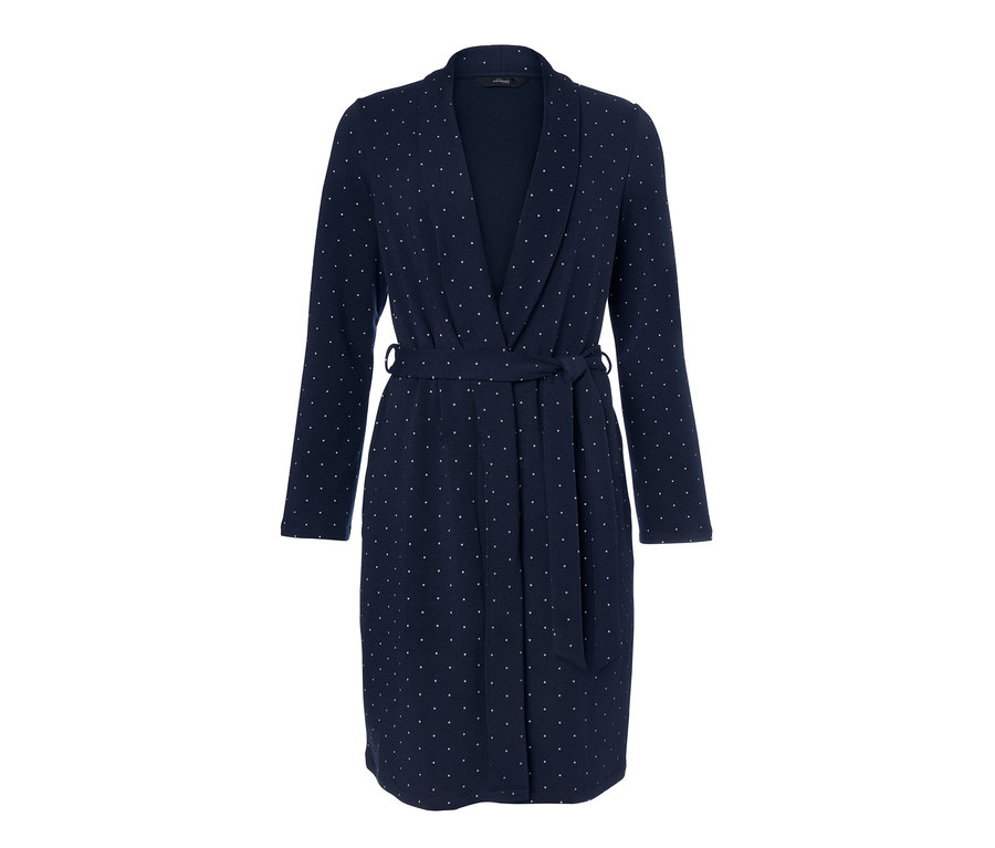 Robe de chambre bleu marine à pois blancs.