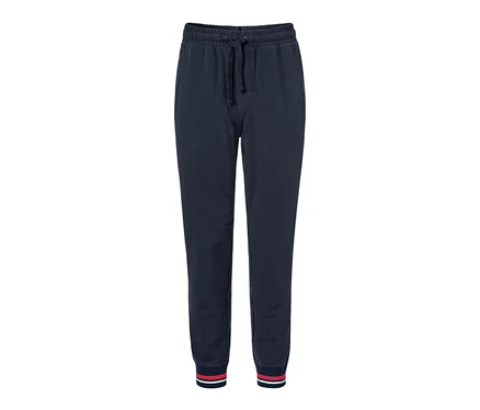 Pantalon de jogging bleu marine avec cordon de serrage à la taille et ourlet rayé rouge et blanc.
