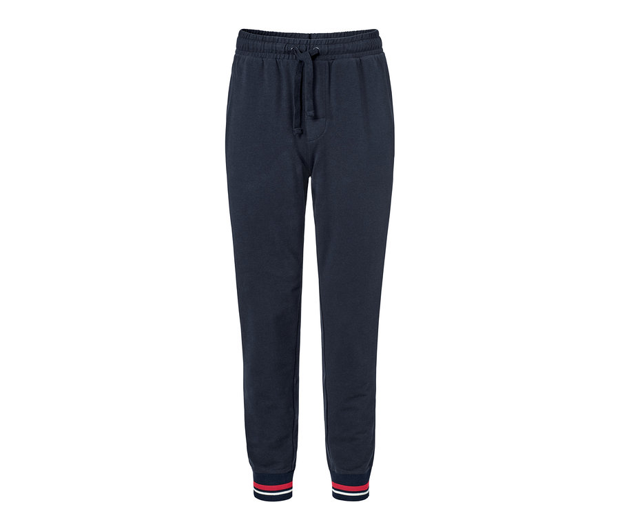 Pantalon de jogging bleu marine avec cordon de serrage à la taille et ourlet rayé rouge et blanc.
