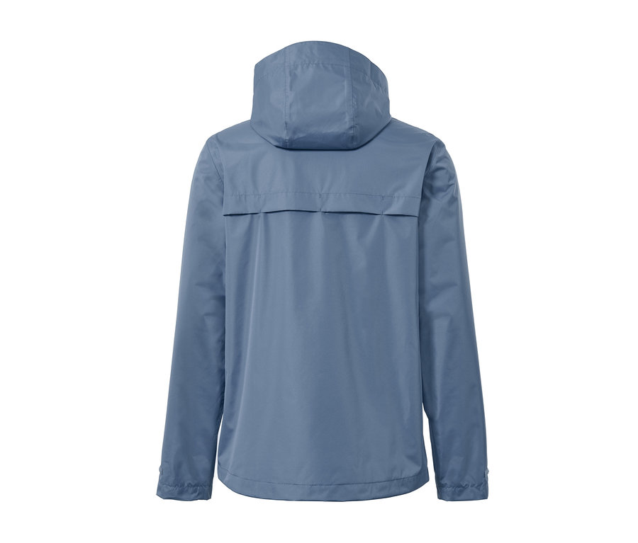 Vue arrière d'une veste de pluie unisexe bleue avec capuche.