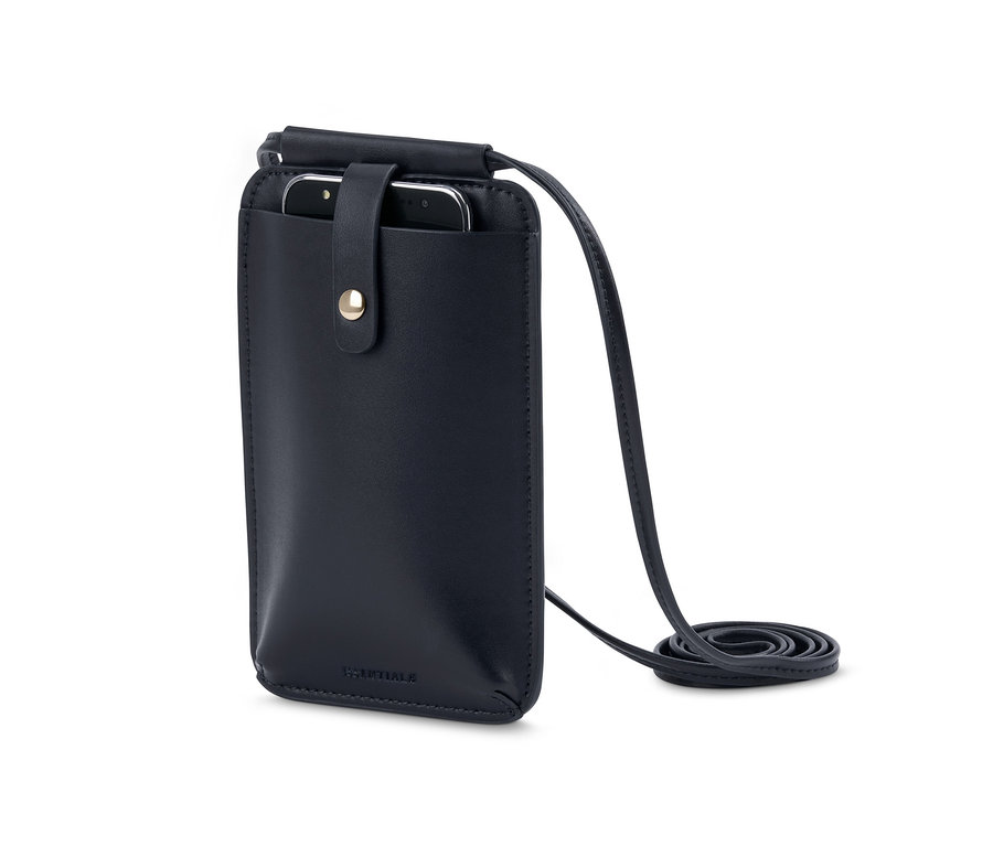 Pochette noire pour téléphone portable avec une bandoulière.