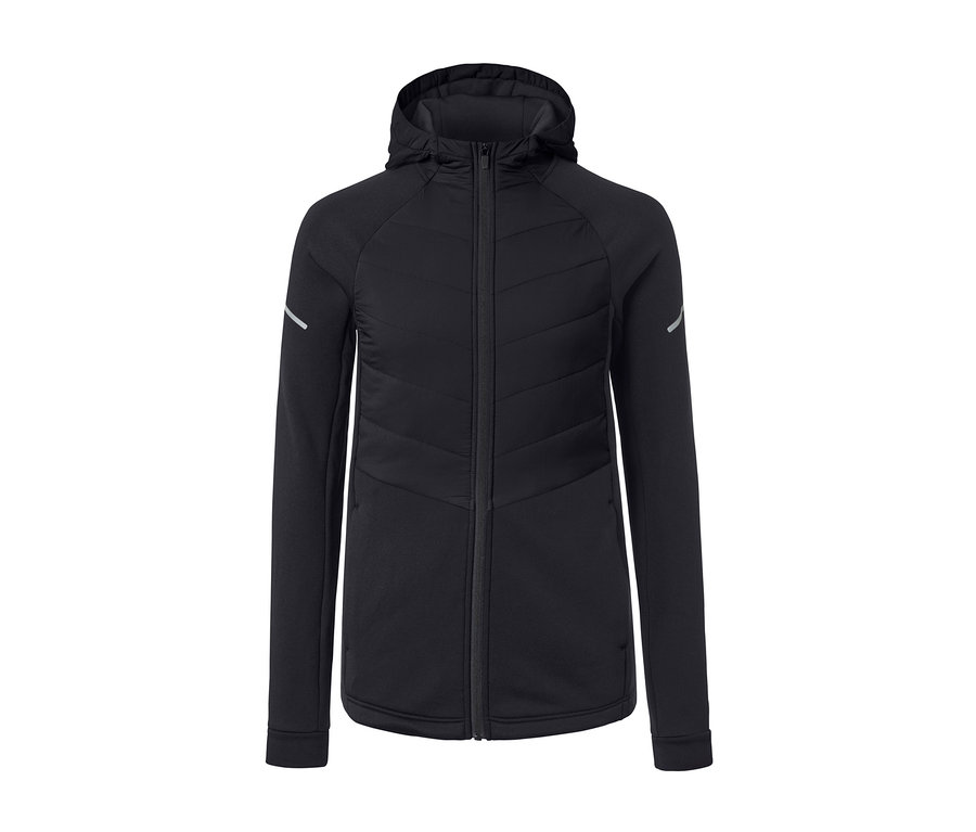 Veste thermique noire avec fermeture éclair et capuche.