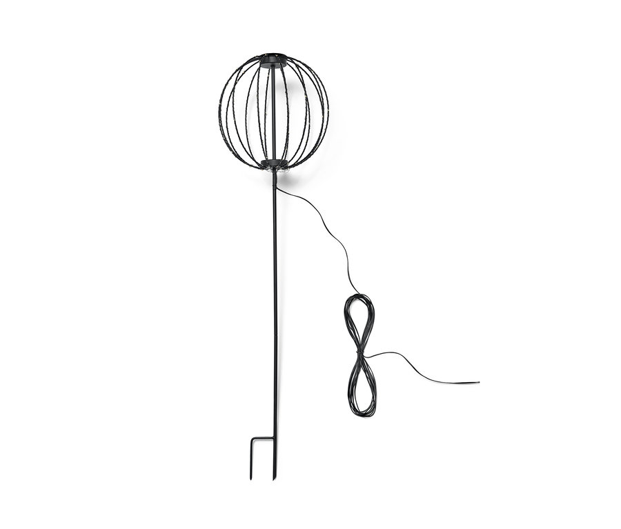 Une pique de jardin LED « Boule » noire sur fond blanc.