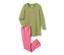 Pyjama vert pour enfant avec un imprimé de cassette rose et un pantalon rose.