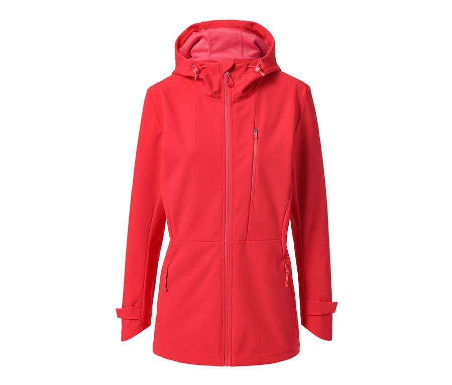 Veste softshell rouge avec fermeture éclair et capuche.