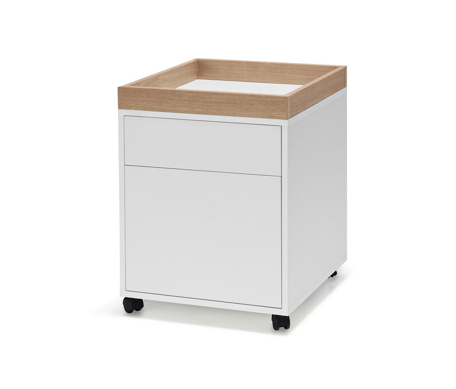 Conteneur à roulettes blanc avec espace de rangement.