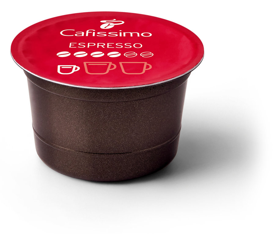 Une capsule individuelle Cafissimo Espresso elegant avec un couvercle rouge.