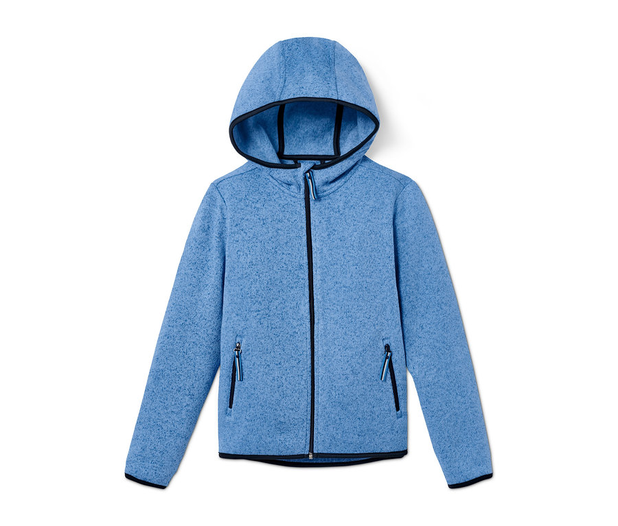 Veste en maille polaire bleu clair chiné avec capuche et fermeture éclair.