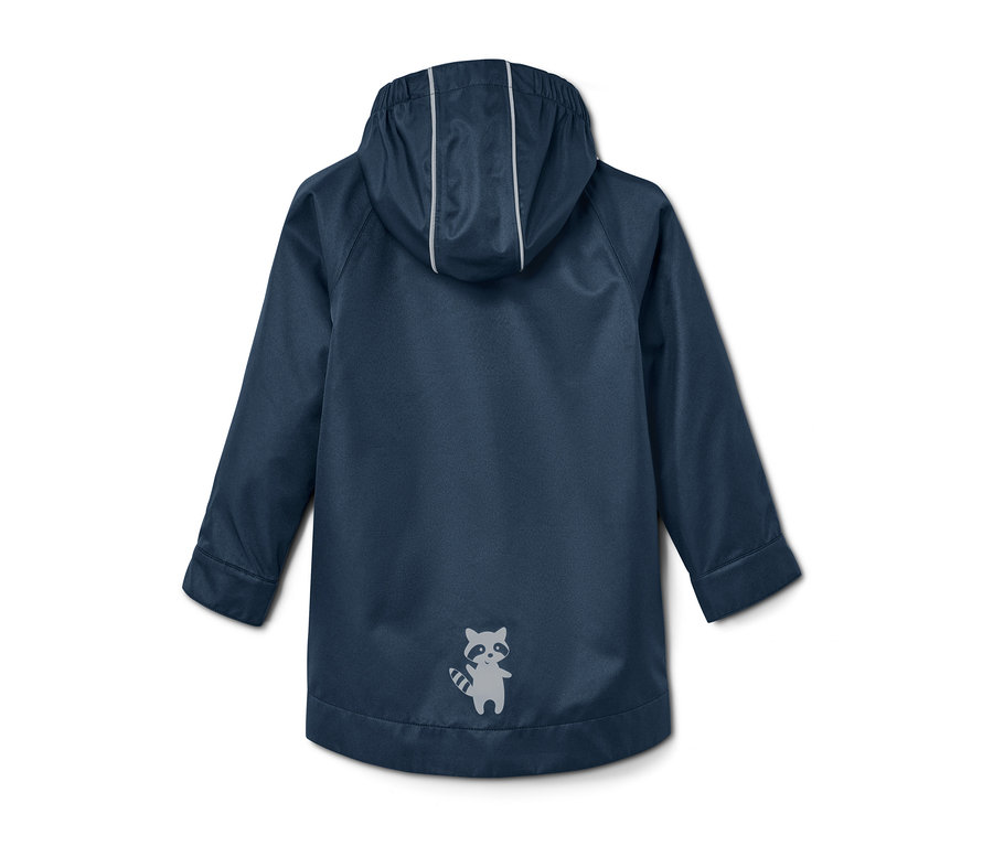 Veste de pluie bleu foncé à capuche avec un motif de raton laveur.