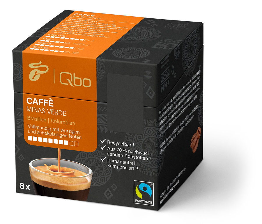 Un paquet de 8 capsules Qbo Caffè MINAS VERDE. L'emballage est noir et orange.
