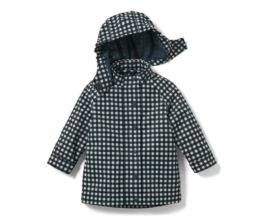 Imperméable pour tout petit à carreaux bleu marine et blanc avec capuche.