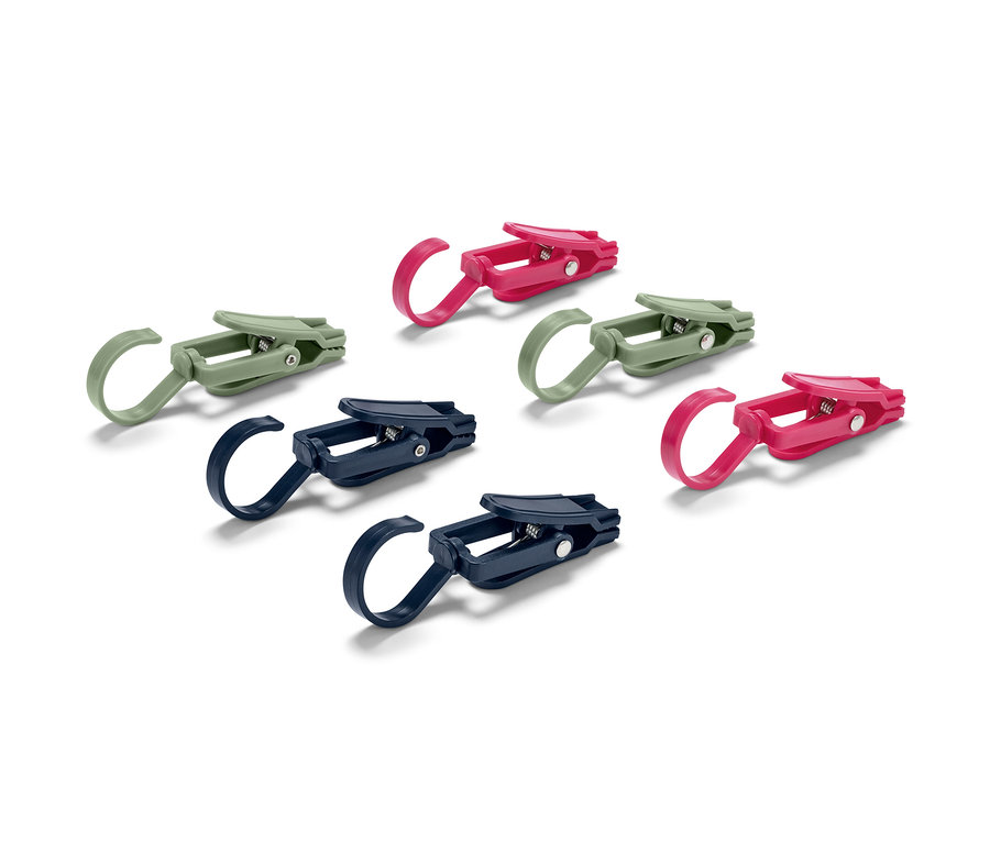 Six clips d'extérieur en vert, rose et bleu.