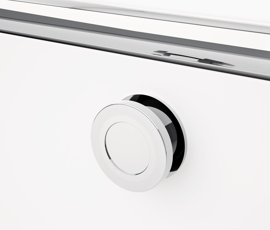 Détail d'un meuble en métal blanc CN3 avec une poignée ronde.