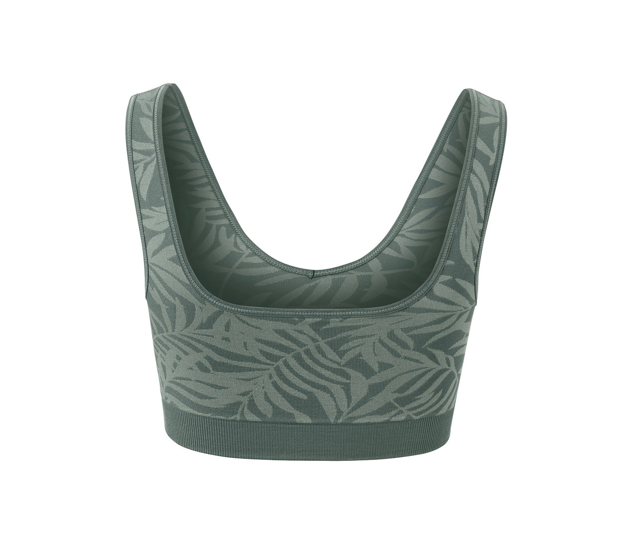 Détail d'une brassière de sport Seamless, sauge, avec un motif de feuilles.