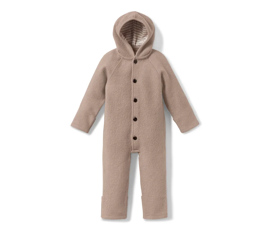 Combinaison marron pour bébé en laine mérinos.