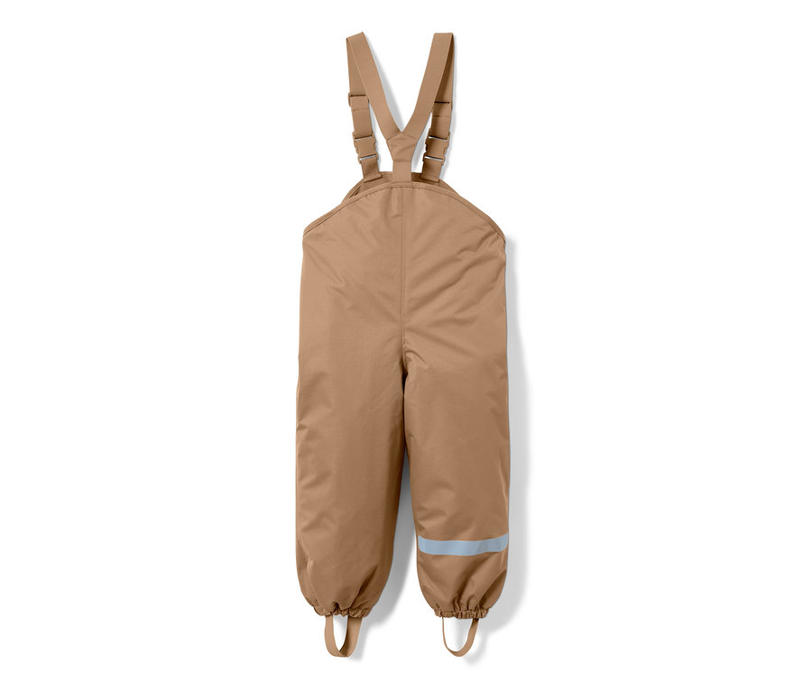 Pantalon de pluie thermique marron pour enfant avec bavette et bande réfléchissante sur la jambe.