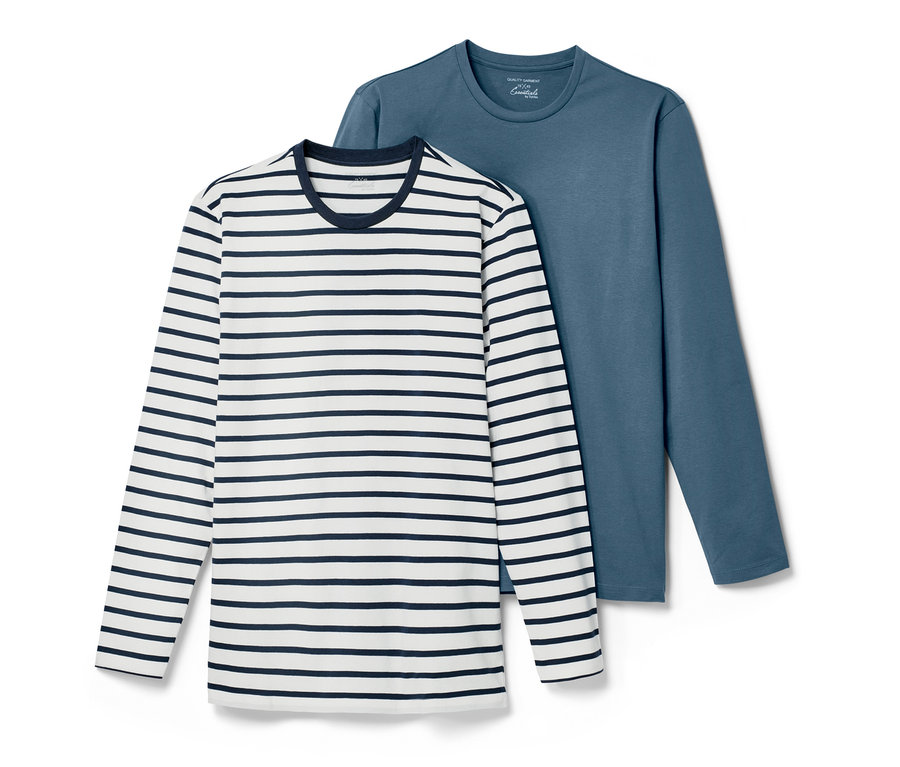 Deux t-shirts à manches longues, un bleu et un blanc à rayures bleu marine.