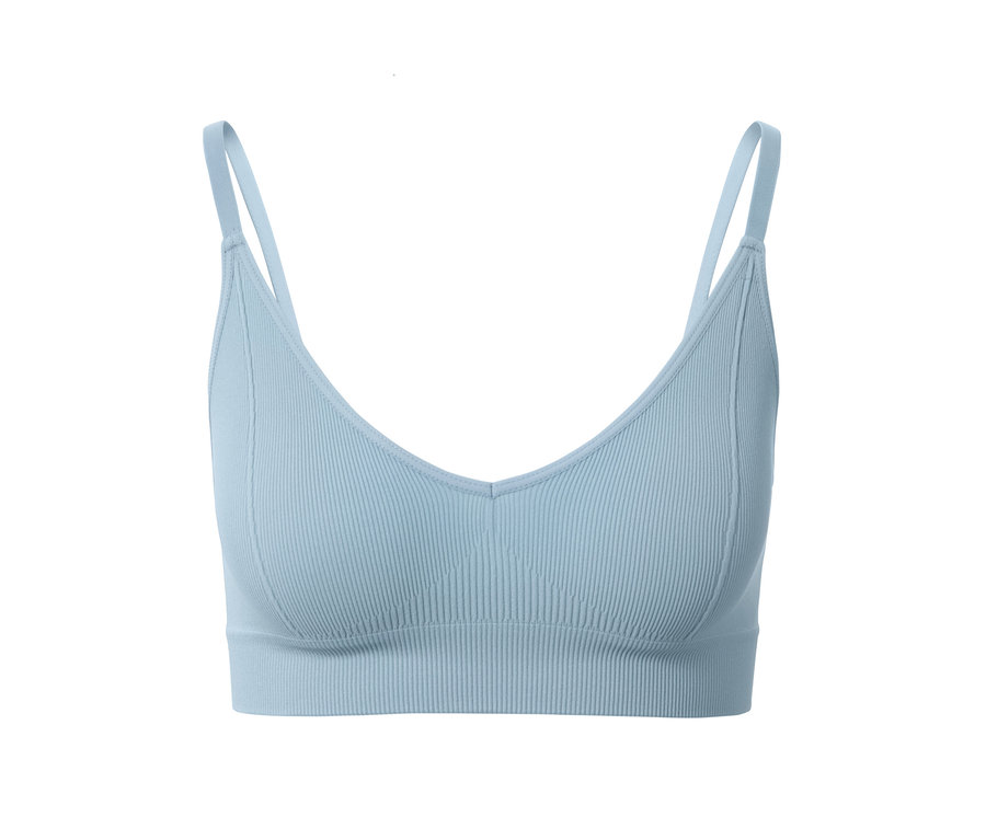 Détail d'une brassière sans coutures bleu clair.