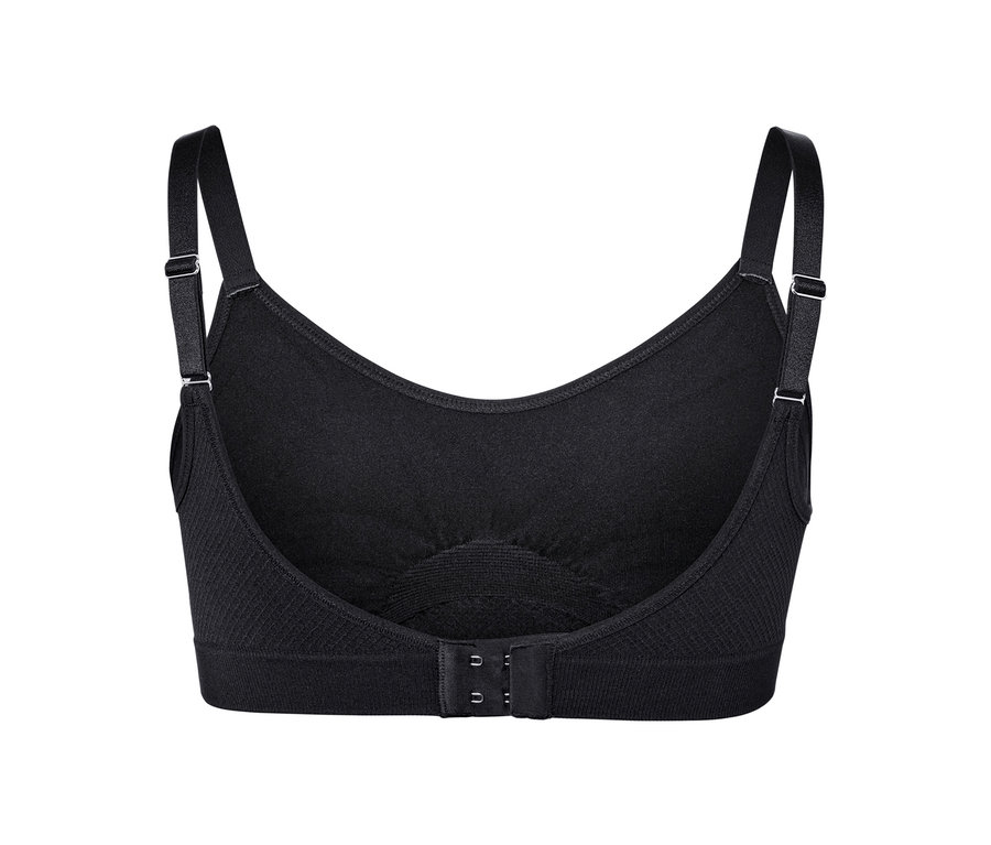 Vue détaillée de l'arrière d'un soutien-gorge de sport noir sans coutures avec bretelles réglables et fermeture à agrafes.