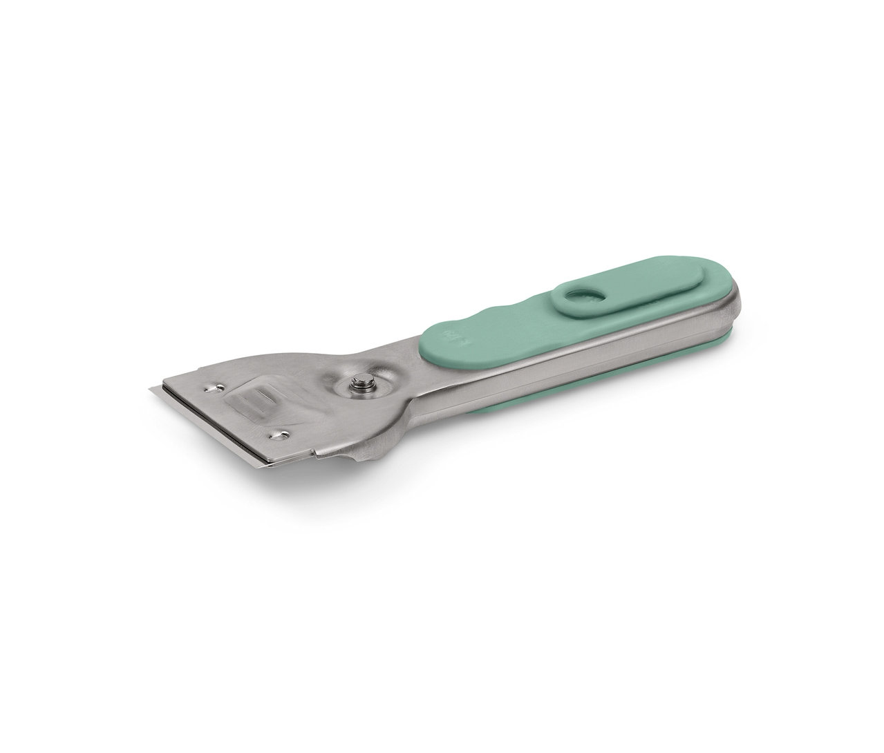 Une raclette de nettoyage avec une tête en métal argenté et un manche vert.