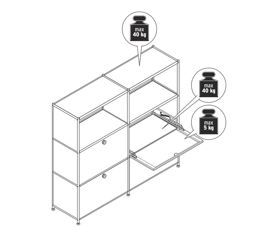 Schéma d'une commode en métal « CN3 » avec des compartiments à rabat repositionnables. La charge maximale de l'étagère supérieure est de 40 kg, celle de l'étagère avec compartiments à rabat est de 5 kg.