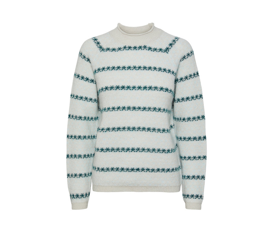Un pull en maille bleu clair et beige avec des rayures horizontales et des motifs.