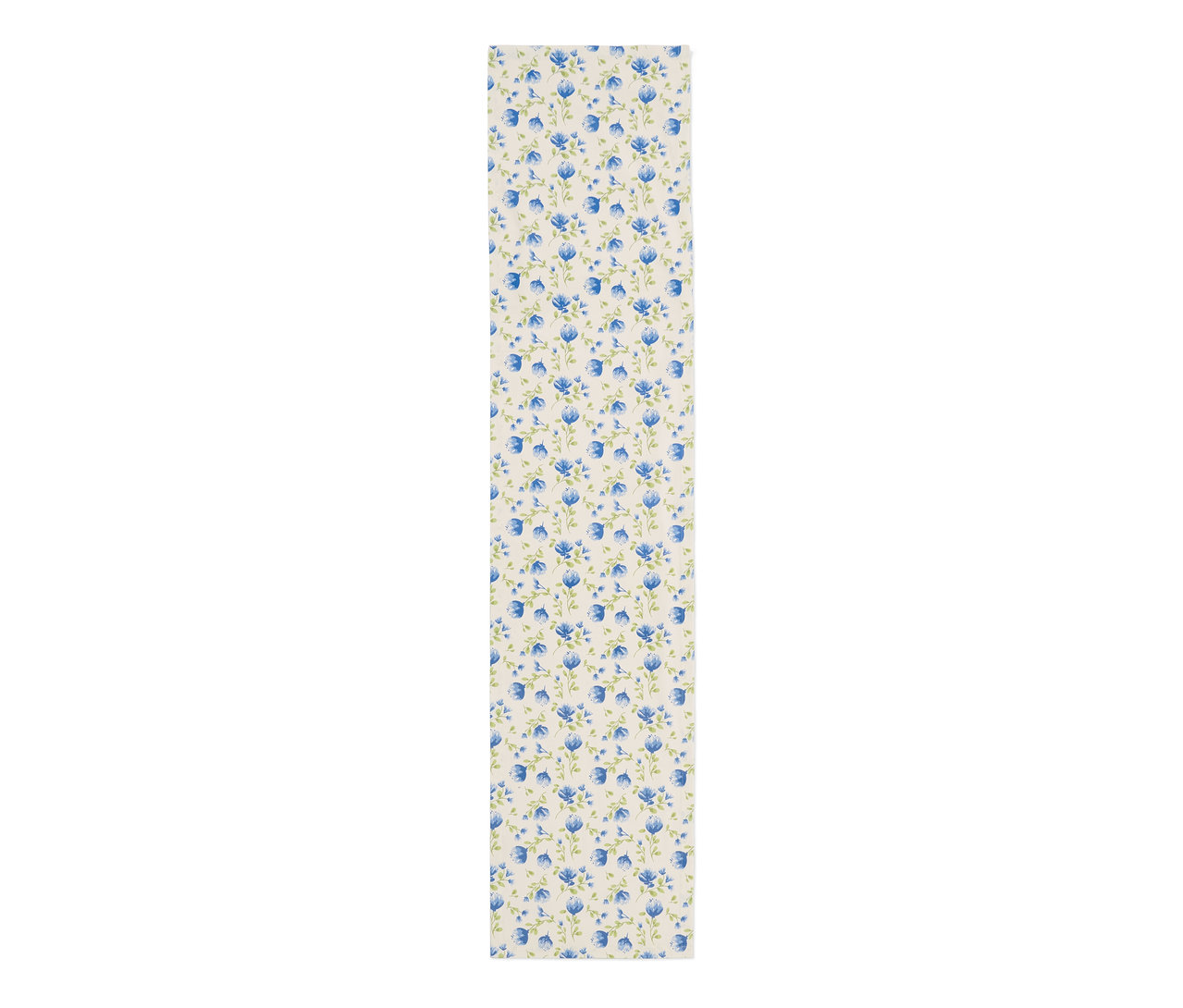 Chemin de table en coton avec motif floral bleu.